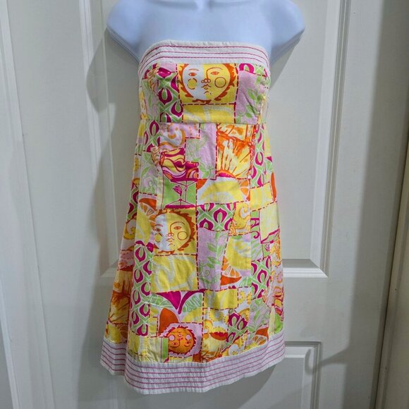 Lilly Pulitzer ✦ Strapless Patchwork Dress ✦ Pink Green Floral Stripe Cotton 2 - Picture 13 of 15